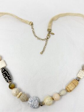 Chico’s Beaded Statement Necklace Neutral Boho Mixed Media Adjustable